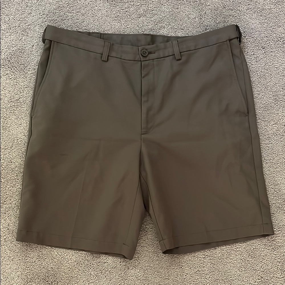 Brown Flat Front Shorts with Mid-Thigh Cut